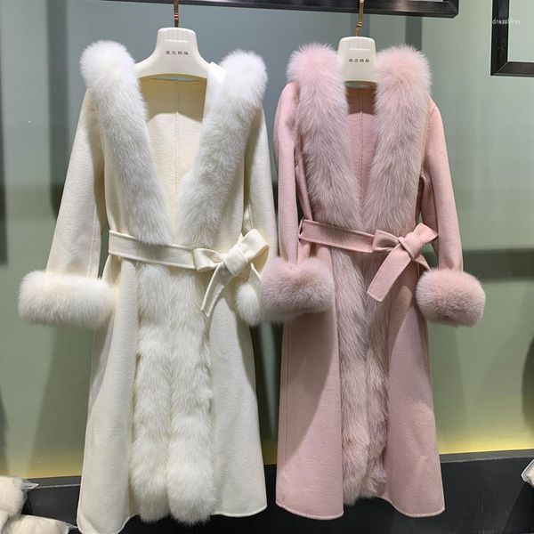 Abrigo largo Maxi de mezcla de Cachemira con puños y ribete de piel auténtica de lujo para mujer, abrigos de lana con capucha holgados elegantes de estilo europeo para mujer