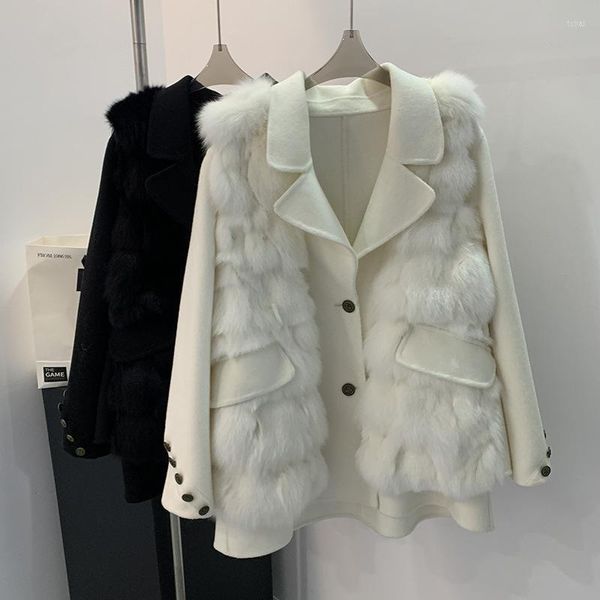 Femmes duvet de luxe Top qualité vraie fourrure Gilet et manteau de laine deux pièces ensemble pour les femmes hiver épais vêtements d'extérieur chauds