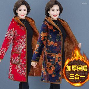 Vêtements d'hiver en coton à fleurs pour femmes, manteau Long mi-long, d'âge moyen et âgé, Plus veste rembourrée épaisse en velours