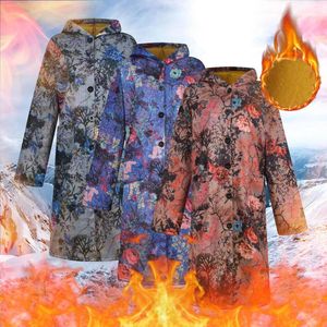 Manteau en duvet pour femmes Vintage imprimé floral bouton à capuche simple boutonnage à manches longues grande taille Outwear manteau veste