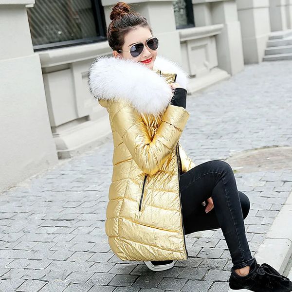 Parka femme hiver vestes long manteau chaud couleur argent style femme veste large col de fourrure dames parka abrigos mujer invierno 231123