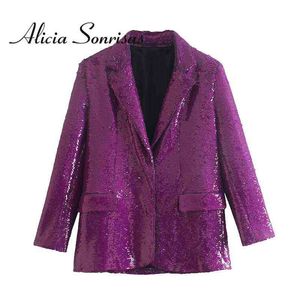 Parkas pour femmes 2022 Printemps Femmes À La Mode Rétro Paillettes Lâche Violet Blazers Occasionnels Rue Hipster À Manches Longues Poche Costume Col Veste T220902