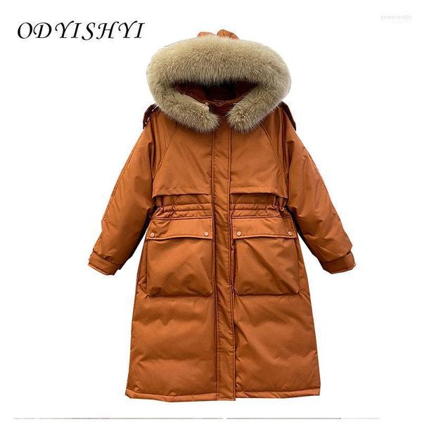 Parkas de plumón para mujer, chaqueta de invierno 2022 para mujer, abrigo largo con capucha y cuello de piel Real, chaquetas de plumas de pato con cintura por encima de la rodilla para mujer QQ219 Guin22