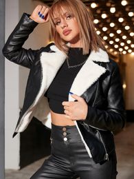 Damen Daunenparkas 2023 Mode Damen Herbst Winter Fleece gefüttert Zip Up Revers PU Leder Moto Jacke Mantel Streetwear 231005
