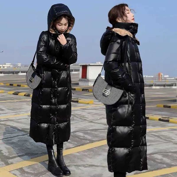 Parkas pour femmes 2023 Mengm Family Lâche Noir Brillant Face Manteau À Capuchon Épaissi Extra Long Genou Longueur Breadman Haut De Gamme 22FR