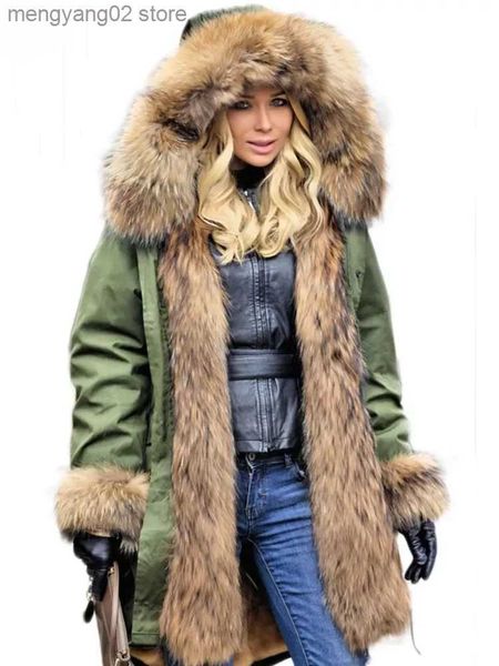 Parkas Femme 413Fur nouvelle veste d'hiver femmes X-Long Parka imperméable grand col de fourrure de raton laveur naturel capuche réel manteau de fourrure épais chaud vraie fourrure T231030