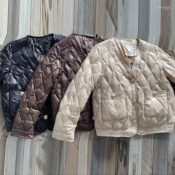 Parkas de plumón para mujer, chaqueta a cuadros fina ultraligera 90% para mujer, abrigo de pato blanco cálido corto ajustado para otoño e invierno, ropa de abrigo de un solo pecho Guin22