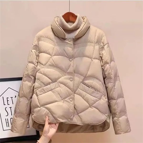 Parkas en duvet pour femmes, manteaux en coton simples, couleur unie, col montant, vêtements féminins légers, rembourrés en coton, automne hiver, 231201