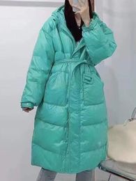 Parkas en duvet pour femmes décontracté taille à capuche veste à pain doux coréen Simple ceinture longue longueur au genou droite Streetwear 221205