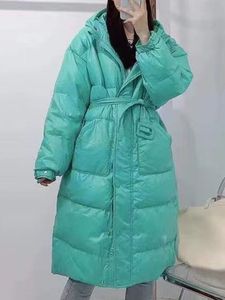 Parkas de plumón para mujer, chaqueta de pan con capucha y cintura informal, cinturón sencillo coreano dulce, ropa de calle recta larga hasta la rodilla 221205