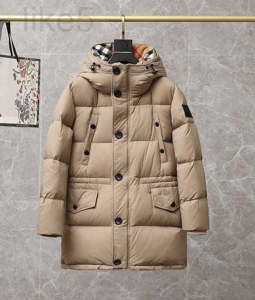 Diseñador de parkas de plumón para mujer, mostrador atractivo y moderno de 23 años con diseño de capucha con cuello a cuadros, chaqueta de plumón de longitud media para mujer KE58