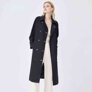 Dames Down Down Parkas Double Breasted Black Trench Coat for Women 2022 Herfst Down Collar Rechte losse hoge kwaliteit Lange jas met riemen T220902