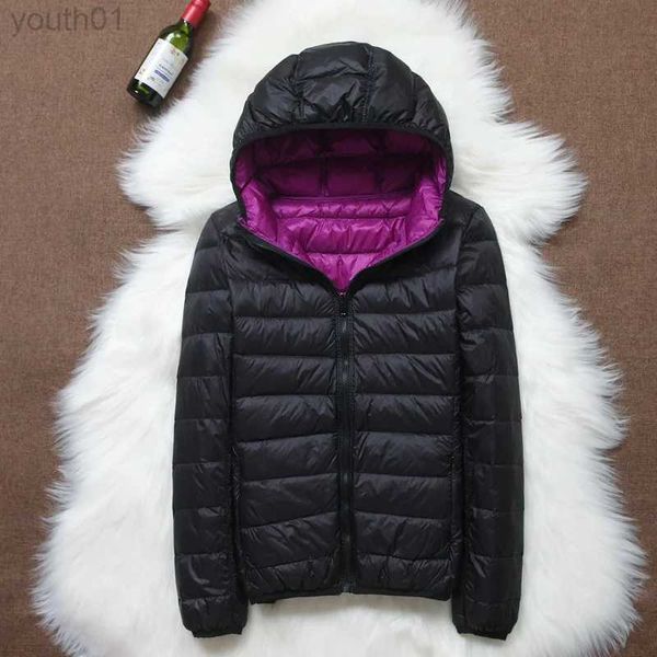 Parkas de plumón para mujer Abrigos de plumón de pato de doble cara Chaquetas acolchadas con capucha y relleno de plumas ultraligeras para mujer Parkas reversibles portátiles zln231115