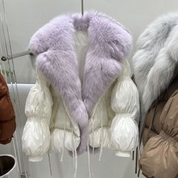 Chaqueta de plumón Parkas para mujer, nuevo producto de diseñador europeo, cuello extragrande, piel de zorro, color contrastante, chaqueta de plumón de pato blanco 90 para conservar el calor