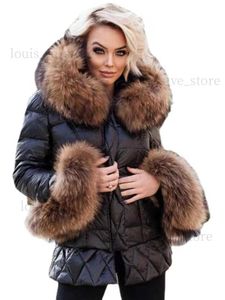 Parkas Femme EE133 Slim chaud noir doudoune femmes col en fourrure de raton laveur naturel avec capuche veste femme détachée vraie fourrure doudoune femme T231215