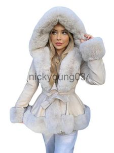 Parkas Femme EE1492 PU cuir vestes courtes femmes mode cravate ceinture taille manteaux femmes élégant fausse fourrure à capuche manteaux femme doublé de fourrure dames J231113