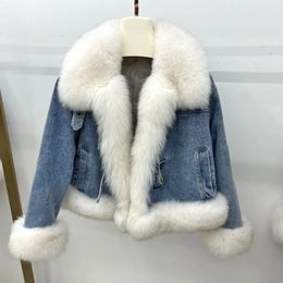 Parkas en duvet pour femmes, mode de rue européenne et américaine, vestes à col en vraie fourrure naturelle, manteaux en Denim pour femmes avec duvet de canard blanc 231031