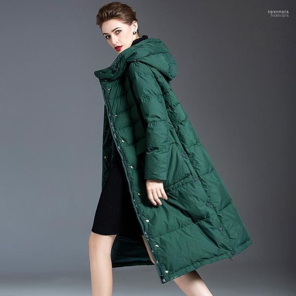 Parkas de plumón para mujer, chaqueta cálida holgada y gruesa de gama alta de invierno europeo para mujer, moda de lujo 2022 con capucha, abrigo largo de talla grande 90% de pato blanco