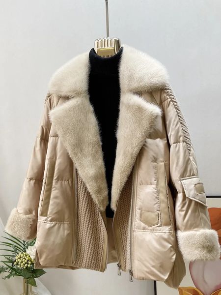 Parkas pour femmes mode automne hiver réel manteau de fourrure de vison femmes veste en plumes d'oie naturelle de luxe vers le bas capuche de fourrure femmes 231129