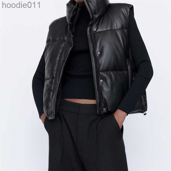 Women's Down Parkas Mode Streetwear femmes gilet bouffant hiver épais Parkas veste noir PU femme manteaux Faux cuir vers le bas gilet lâche dame gilet L230920