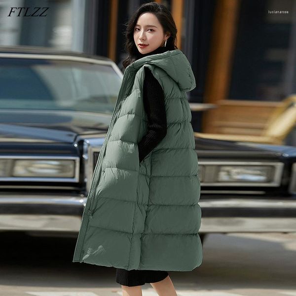 Parkas pour femmes FTLZZ hiver à capuche longue plume légère veste veste 90% canard blanc sous la taille manteau décontracté vert sans manches vêtements d'extérieur Luci