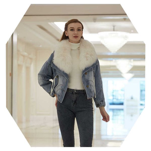 Les femmes en bas de parkas janefur femme de mode se réchauffent les couches en jean doublées coutumes surtom oversize fox fur denim veste d'hiver femme zi2q