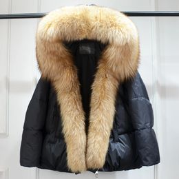 Parkas de plumón para mujer Janveny Big Natural Silver Fur Collar con capucha 2023 Chaqueta de pato de gran tamaño Invierno Mujer Puffer Coat Real Female 231118