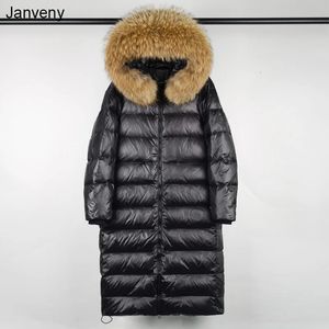 Parkas femme Janveny grande vraie fourrure de raton laveur à capuche longue doudoune femmes brillant en cuir verni Parkas hiver 90% duvet de canard manteau imperméable 231115