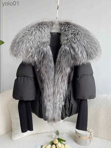 Parkas de plumón para mujer Janveny, abrigo grande con cuello de piel de zorro plateado auténtico, chaqueta de plumón de pato blanco 2023, abrigo acolchado de lujo para mujer, prendas de vestir de plumas de gran tamaño L231012