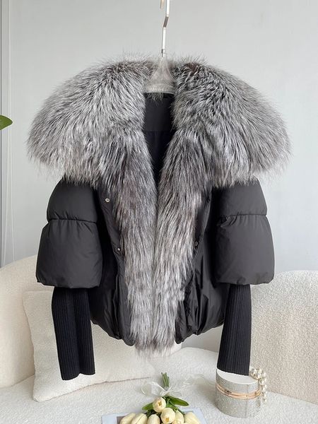 Parkas pour femmes Janveny grand col de fourrure de renard argenté véritable doudoune de canard blanc femmes hiver luxe manteau bouffant surdimensionné plume vêtements d'extérieur 231212