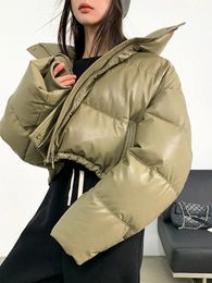 Women's Down Parkas Jmprs American Biker Femmes Pu Puffy Manteau Hiver Rétro Recadrée Casual Épais Chaud Dame À Manches Longues Lâche Coton Manteaux 231109