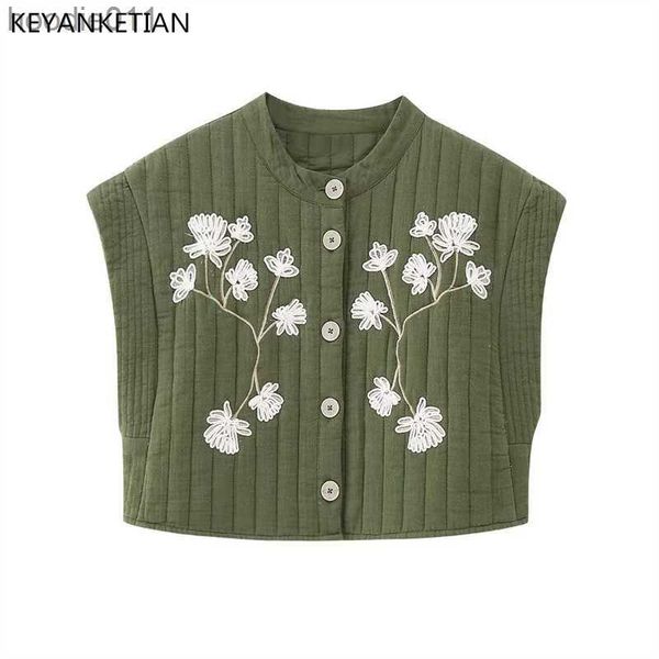 Parkas de plumón para mujer KEYANKETIAN Nuevo chaleco acolchado corto con bordado floral para mujer Estilo retro Chaqueta sin mangas verde militar con un solo pecho Abrigo fino L230920