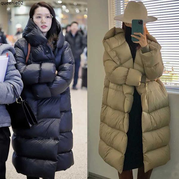 Versión coreana de Parkas para mujeres Down Long Longitud de rodilla Down para mujer Li Qin Mismo suelto y adelgazamiento de pato blanco con capucha tendencia