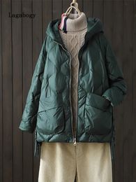 Parkas Femme Lagabogy hiver femmes 90% blanc canard doudoune décontracté ample mode vêtements d'extérieur à capuche manteau court léger chaud Parka 231120