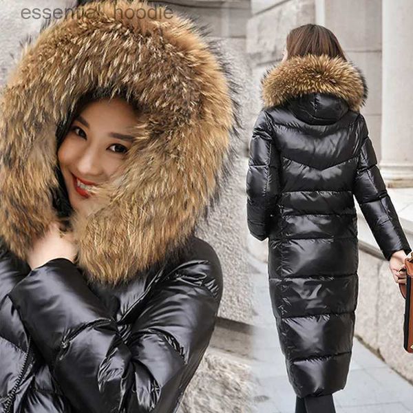 Parkas de plumón para mujer, chaqueta de plumón de invierno con capucha y cuello de piel de mapache Natural grande, plumón de pato blanco para mujer, abrigo largo de nieve grueso y cálido para parque Fe Real L231005