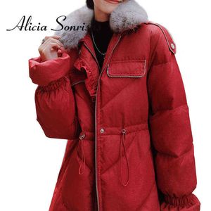 Parkas largas de invierno para mujer, chaqueta de plumón de pato para mujer, cuello de piel nuevo 2021, rojo, negro, blanco, manga de bráctea suelta, cordón con volantes, abrigo grueso cálido para mujer T220902