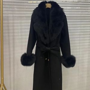 Parkas pour femmes longues Femmes Laine Mélange de laine avec gros collier de fourrure réel mode mince veste d'hiver ceinture de ceinture