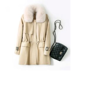 Parkas de plumón para mujer Chaqueta de cuero de oveja de lujo Cuello de piel natural de invierno Grueso Cálido Pato blanco Señora Cintura Abrigos con cordón 231211