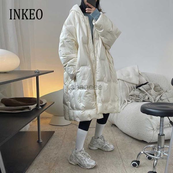 Parkas en duvet pour femmes de luxe blanc longues vestes d'hiver pour femmes nouvelle mode surdimensionnée à capuche femme manteau en duvet dames plumes Outwear INKEO 1O436 HKD230725