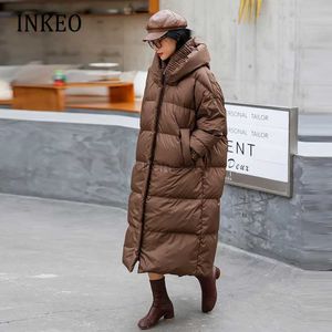 Parkas de plumón para mujer Chaqueta larga con capucha de lujo para mujer 2022 Invierno Marrón Engrosado Largo 90% Abrigo de plumón de pato blanco Abrigo extragrande INKEO 2O203 HKD230725