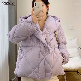 Parkas pour femmes Luzuzi 2022 Hiver 90% Canard blanc Veste courte Femmes Épais Chaud Lâche Cocon Type À Capuchon Diamant Doux Puffer Manteau Outw