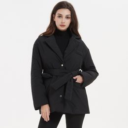 Parkas en duvet pour femmes Malina Casual Ceinture à nouer à la mode crantée Manteaux noirs solides Vestes en coton à simple boutonnage élégantes Femme Dames 221201