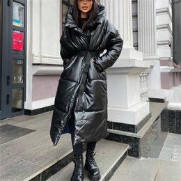 Femmes Down Parkas Malina capuche PU mode cravate ceinture manteaux élégant solide Faux cuir mince longues vestes en coton femme dames 220919