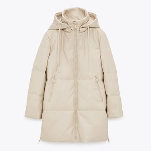 Parka en duvet pour femmes Malina Parka à capuche ample mode Beige manteau en cuir PU fermeture éclair latérale fendue longues vestes en coton dames 231027