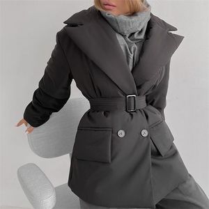 Parkas de plumón para mujer Malina bolsillos simples moda abrigos de doble botonadura cinturón de lazo sólido chaquetas de algodón con muescas señoras 220905
