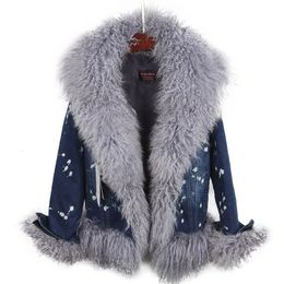 Parkas en duvet pour femmes Laine naturelle doublée de luxueux manteau en denim à col en fourrure de laine hiver décontracté chaud mode veste de fourrure courte 231025