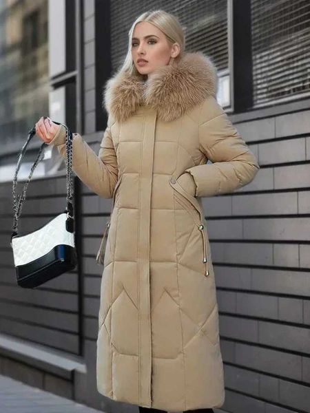 Women's Down Parkas Nouvelle veste d'hiver pour femme 2023 mi-longue mode mince sur le genou col en fourrure épais coton manteau élégant rouge Parka femme vêtements J231227