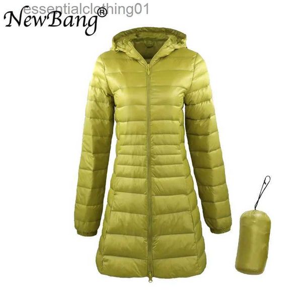 Mujeres Down Parkas Newbang 8xl Damas Long Calent Warming Coat With Portable Storage Bag Women Ultra Light Down Down Down Sobreats Women's Hip Longitud L231102