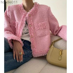 Parka en duvet rose pour femmes, avec épaulettes en fourrure, veste en Tweed, Blazer à Boucle, manteau court pour femmes, printemps 2023, L230920