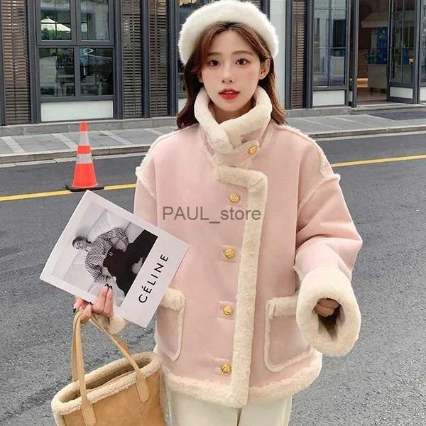 Parka en duvet rose Sherpa en cachemire pour femme, veste courte d'hiver en fourrure, couleur unie, ample, manches longues, petit Style coréen épaississant, NewL231215